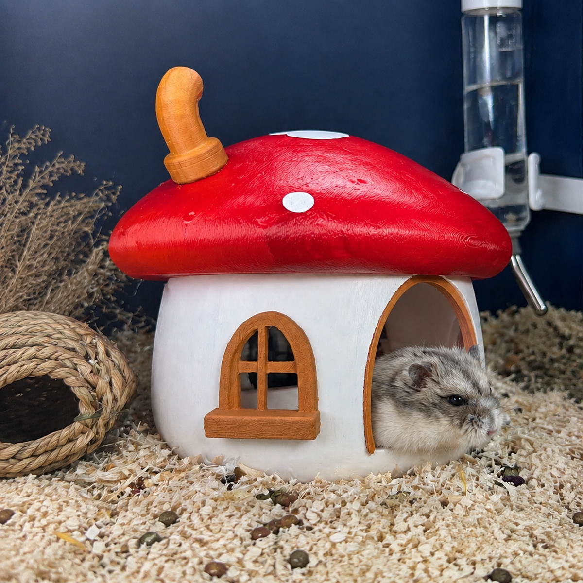 Side view showing window detail and doorway on the Fairy Mushroom Hamster Hide