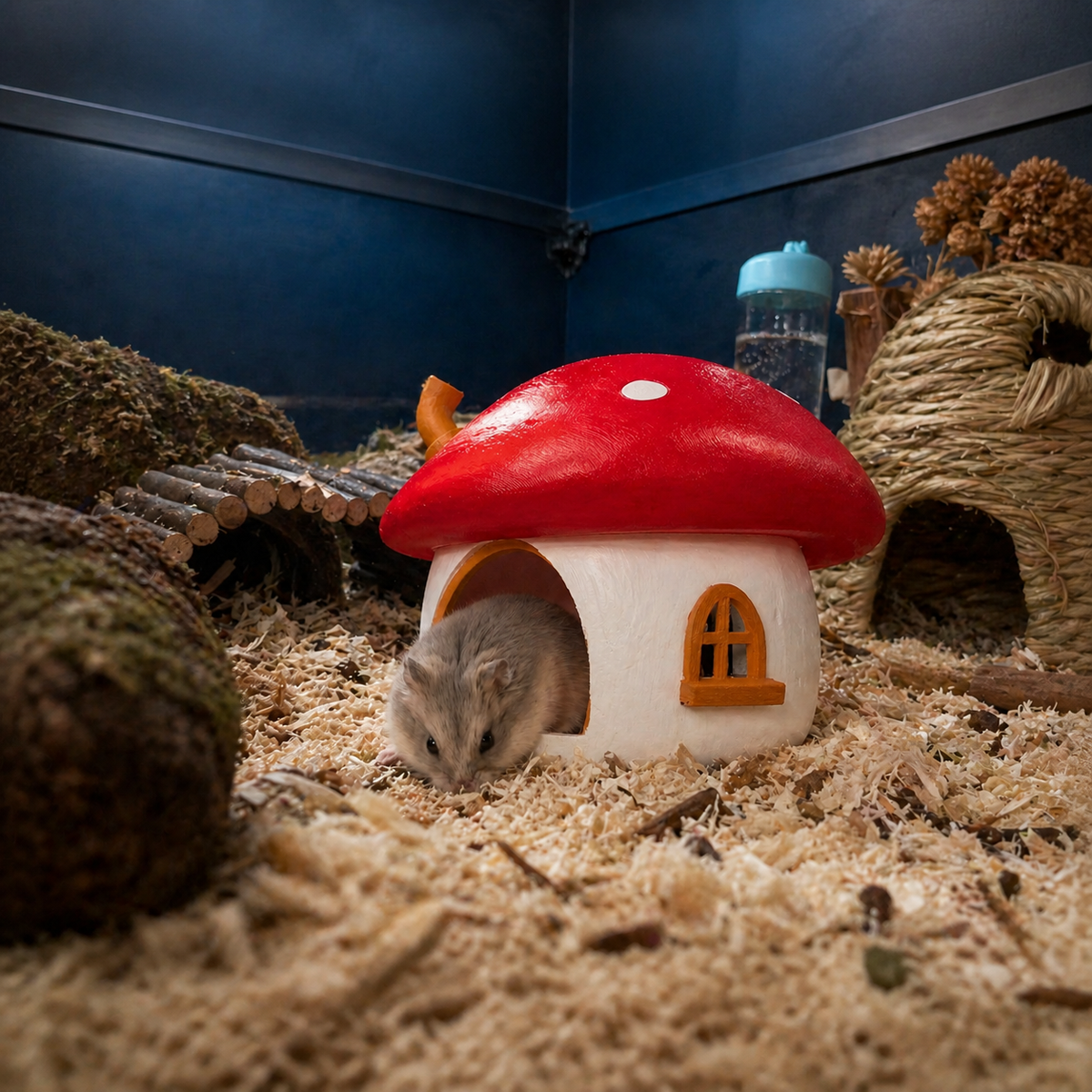 Fairy Mushroom Hamster Hide in an indoor hamster cage with a hamster at the doorway