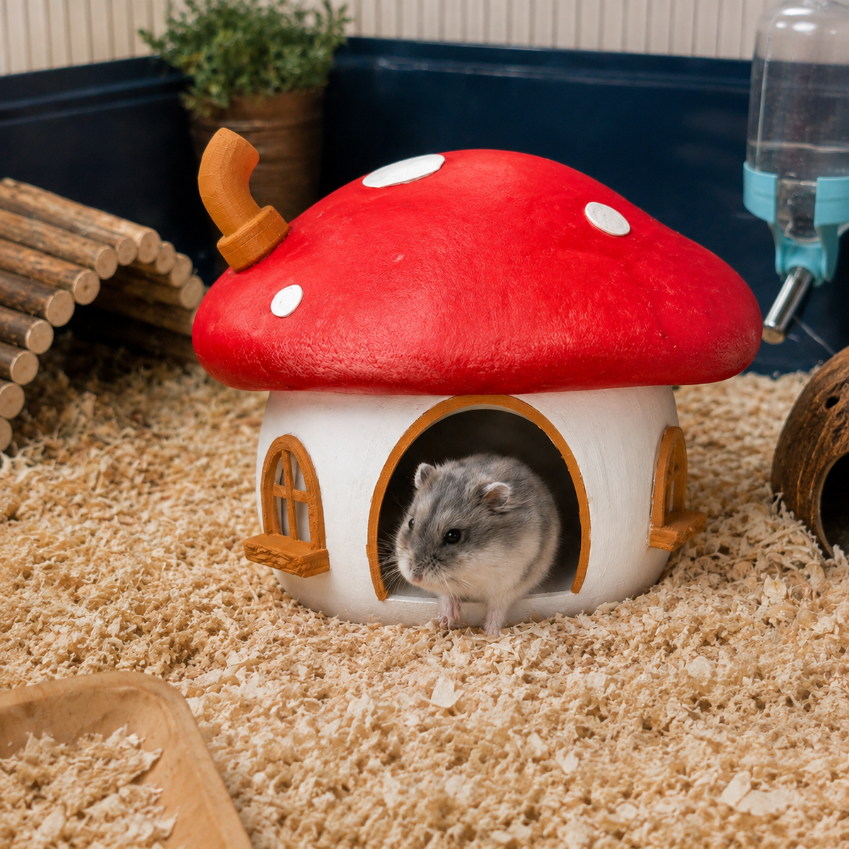 Front view of the Fairy Mushroom Hamster Hide with hamster inside