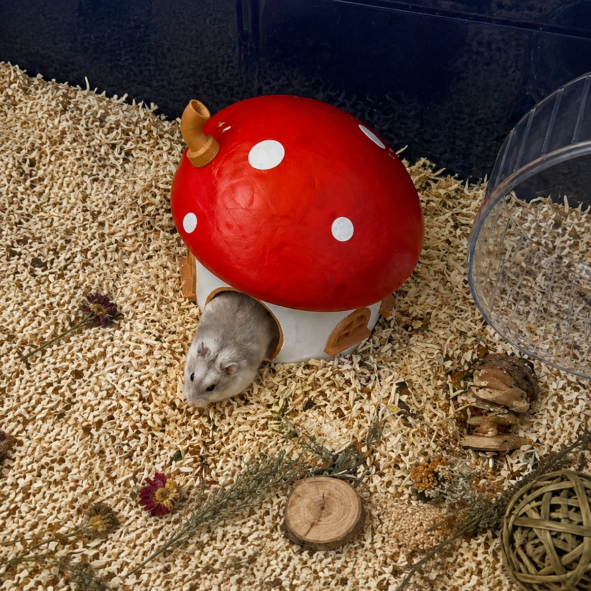 Top angle of the Fairy Mushroom Hamster Hide in cage bedding