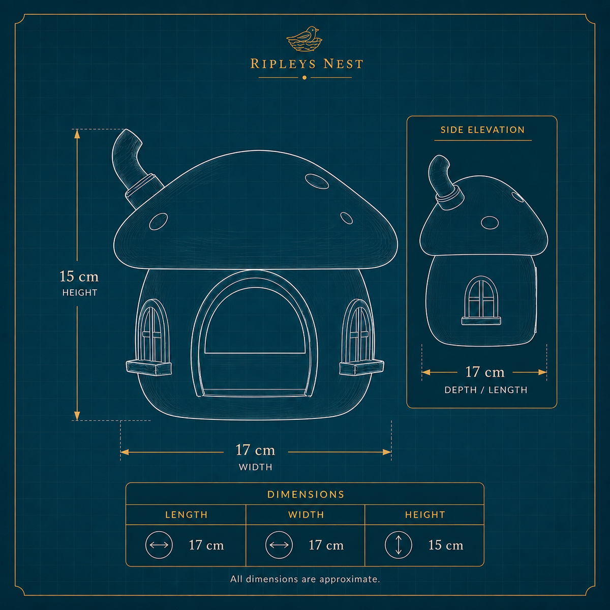 Dimensions diagram for the Fairy Mushroom Hamster Hide showing 17 cm by 17 cm by 15 cm
