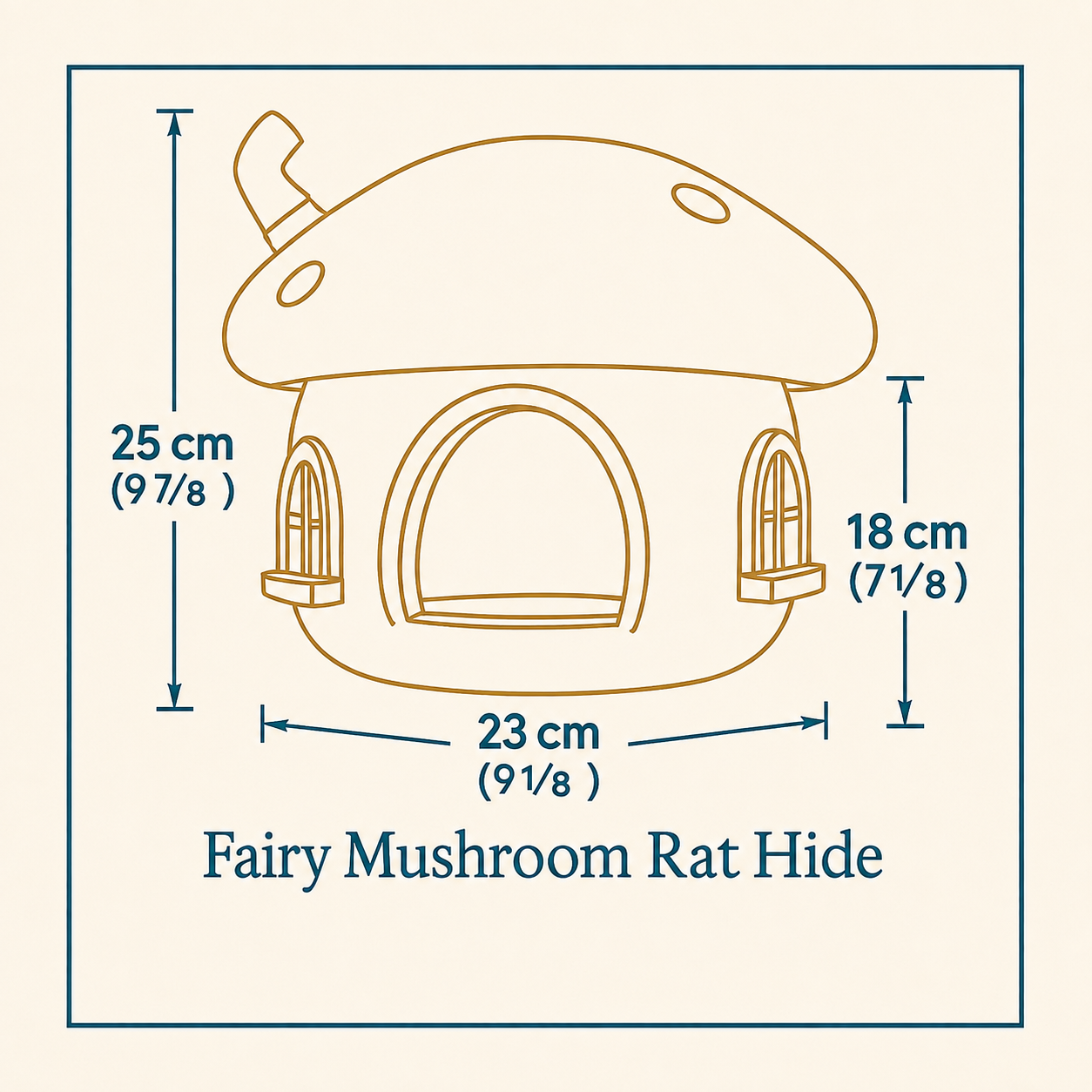 Fairy Mushroom rat hide dimensions diagram, 25 by 23 by 18 centimetres