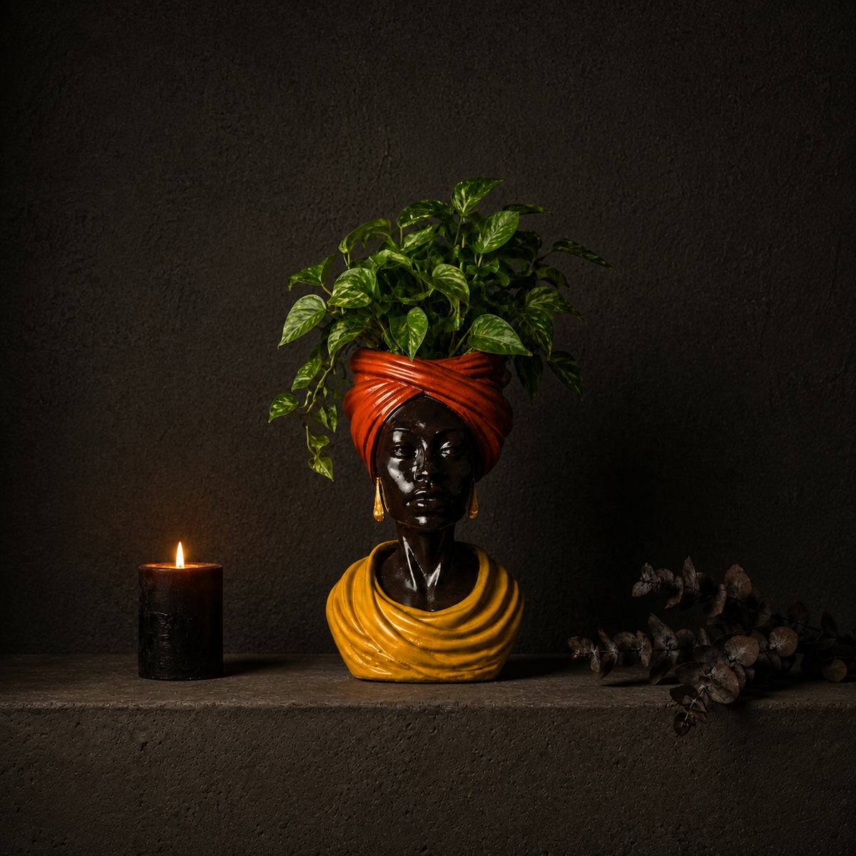Golden Hour planter front lifestyle shot with candle and greenery