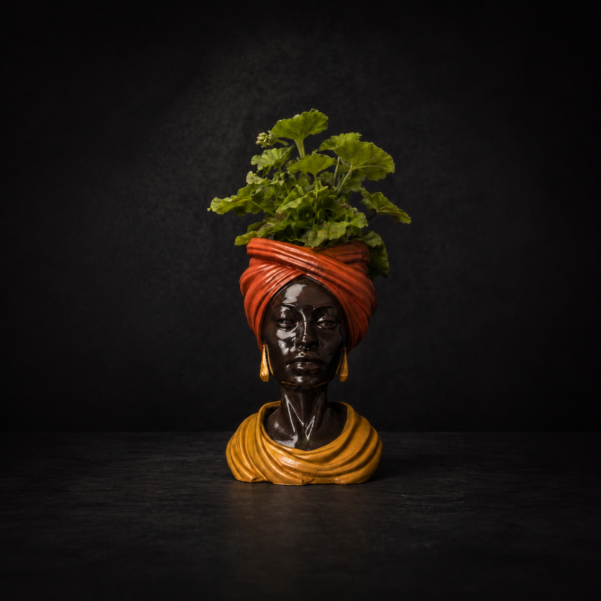 African Woman Face Planter, Copper Headwrap Plant Pot