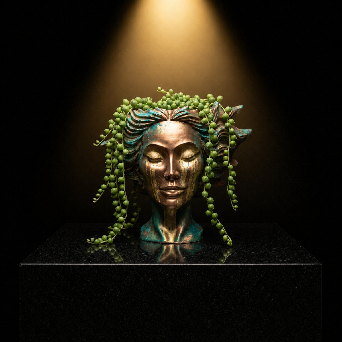 Gold bust planter dramatic front view