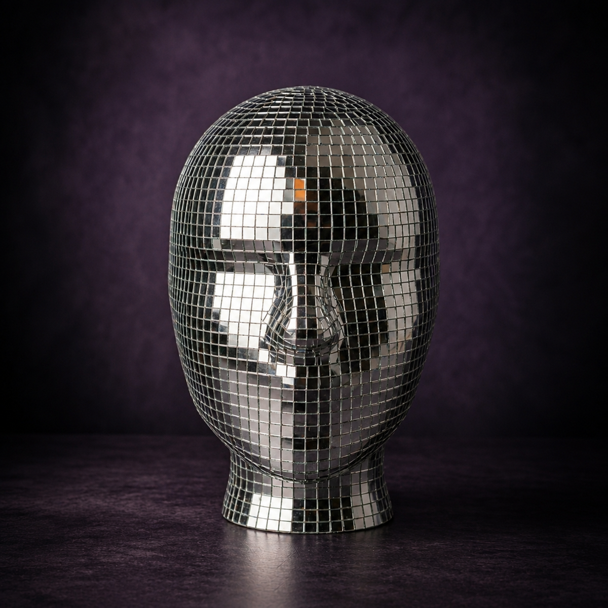 Disco Ball Mannequin Head front view on a moody purple studio backdrop
