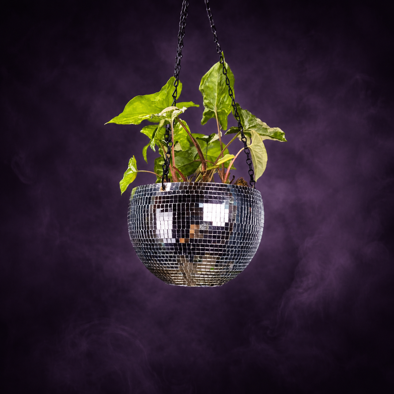 Hanging mirror ball planter with green leaves against a purple background
