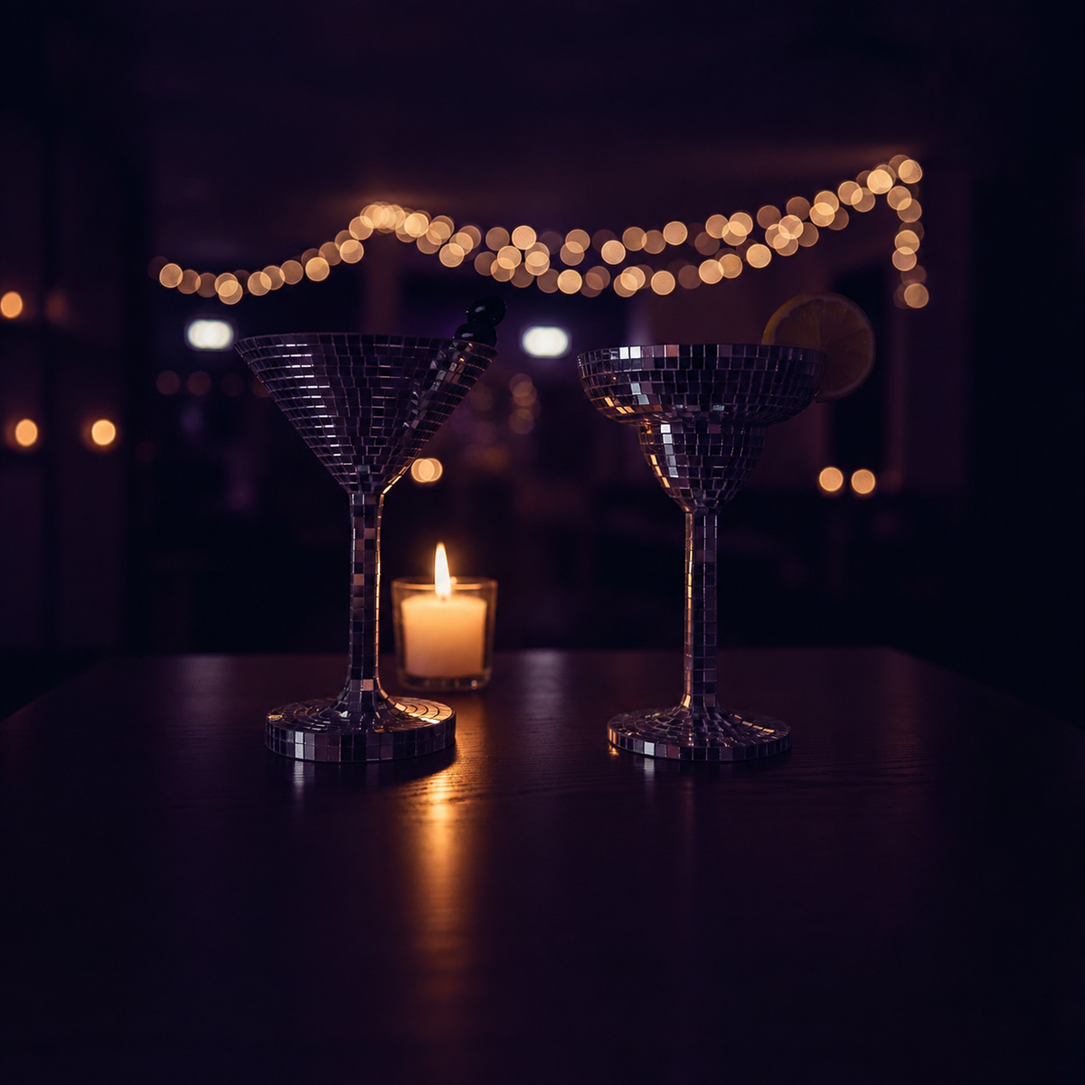 Happy Hour mirror tile planters on party table with candles and fairy lights