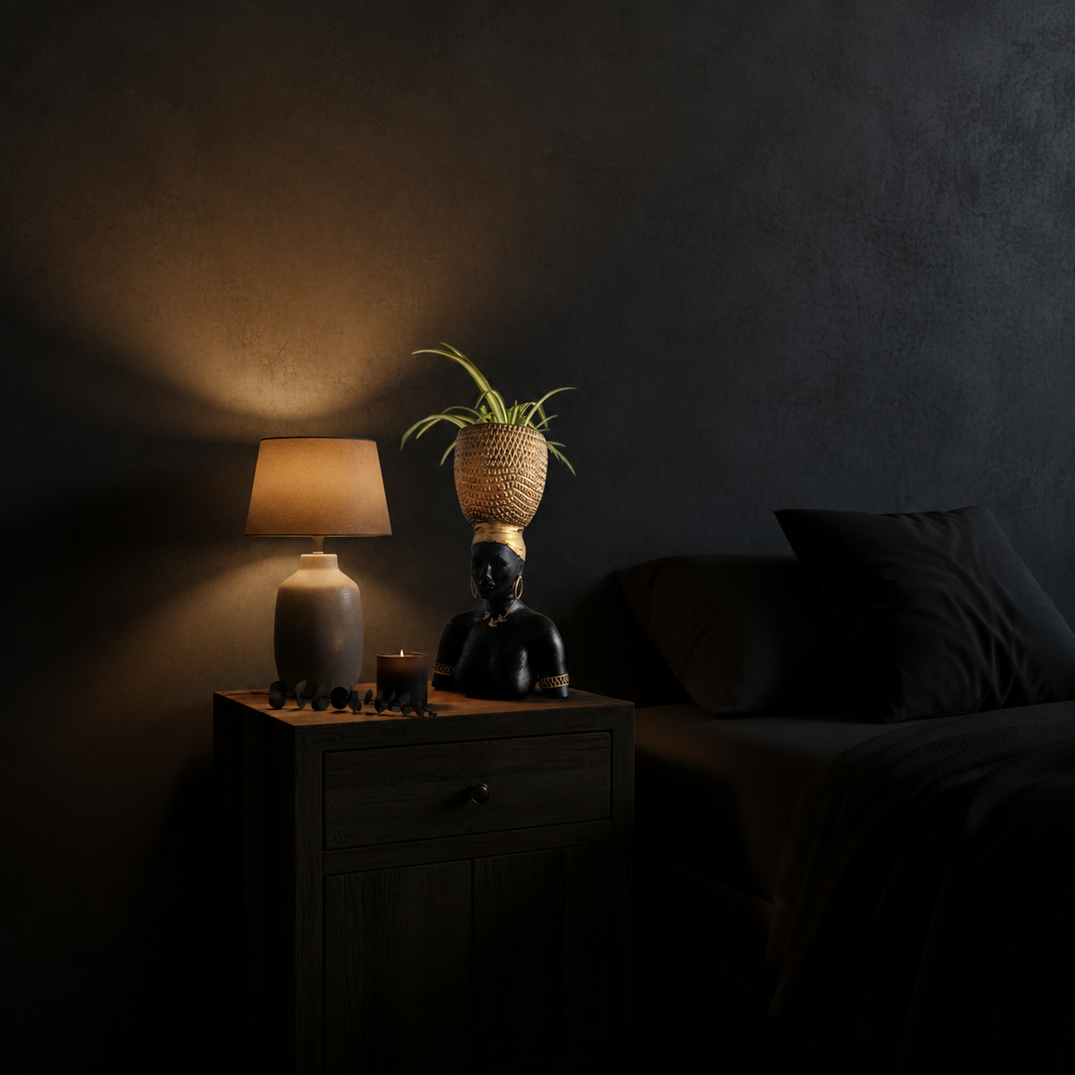 Harvest Goddess planter displayed on a bedroom bedside table