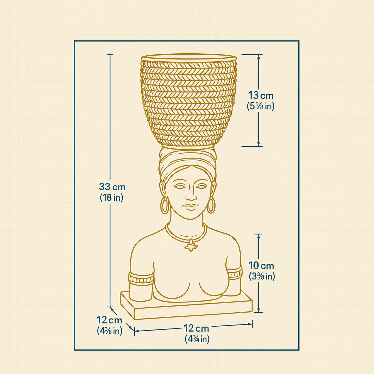 Harvest Goddess planter dimensions showing 33 cm overall height and 12 cm base