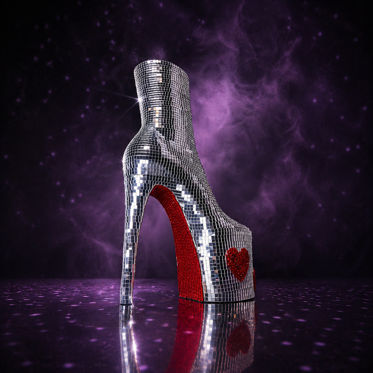Rear view of the silver high heel disco ball vase showing its red sole and heart detail