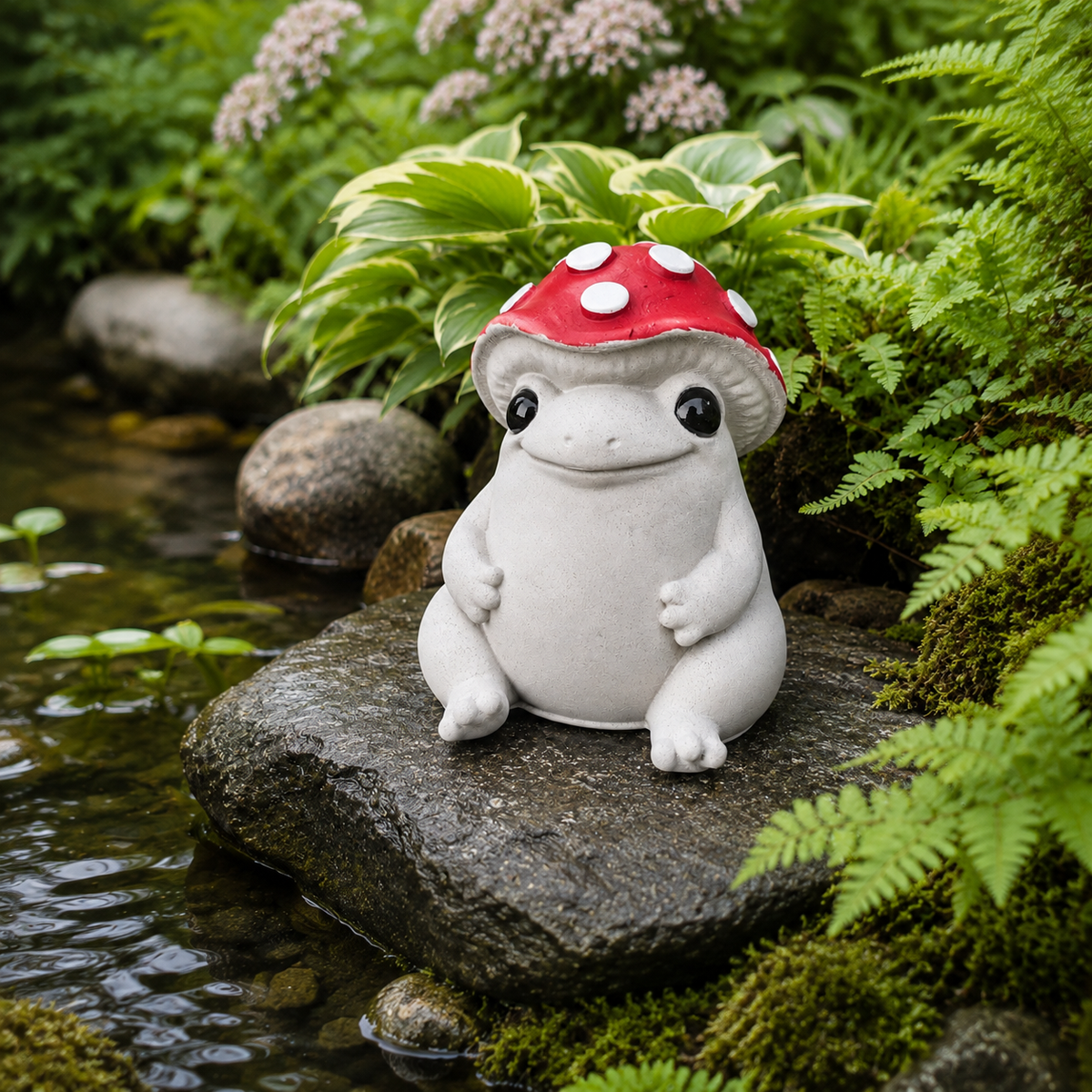 Mallowcap cast stone frog creature garden sculpture sitting on a mossy stone beside water