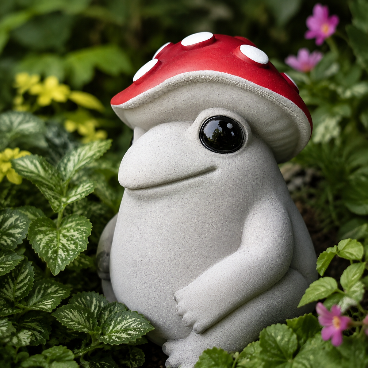 Close-up detail of Mallowcap mushroom frog face with black eye and red spotted cap
