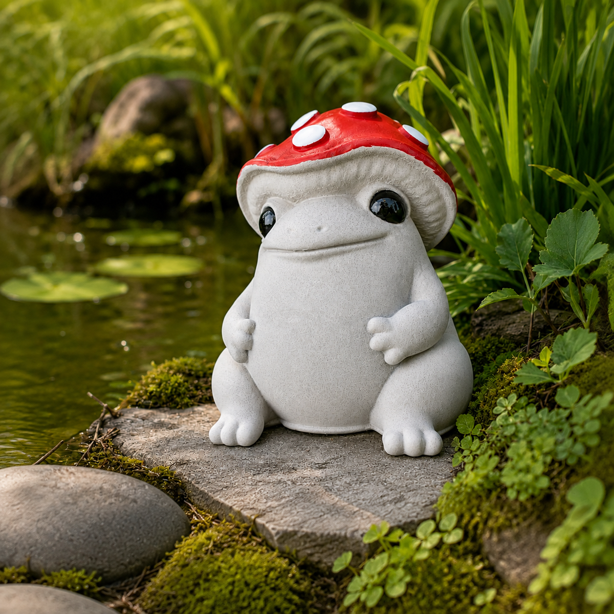 Three-quarter view of Mallowcap mushroom frog statue with red cap in a pond garden scene