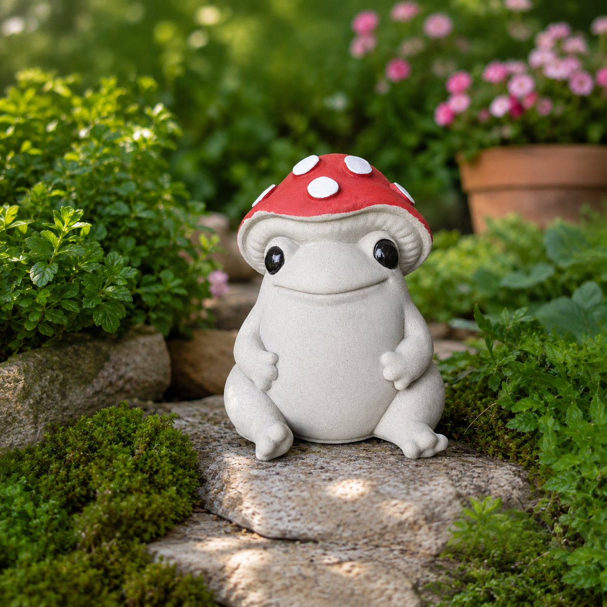 Front view of Mallowcap mushroom frog ornament with red toadstool cap and black eyes