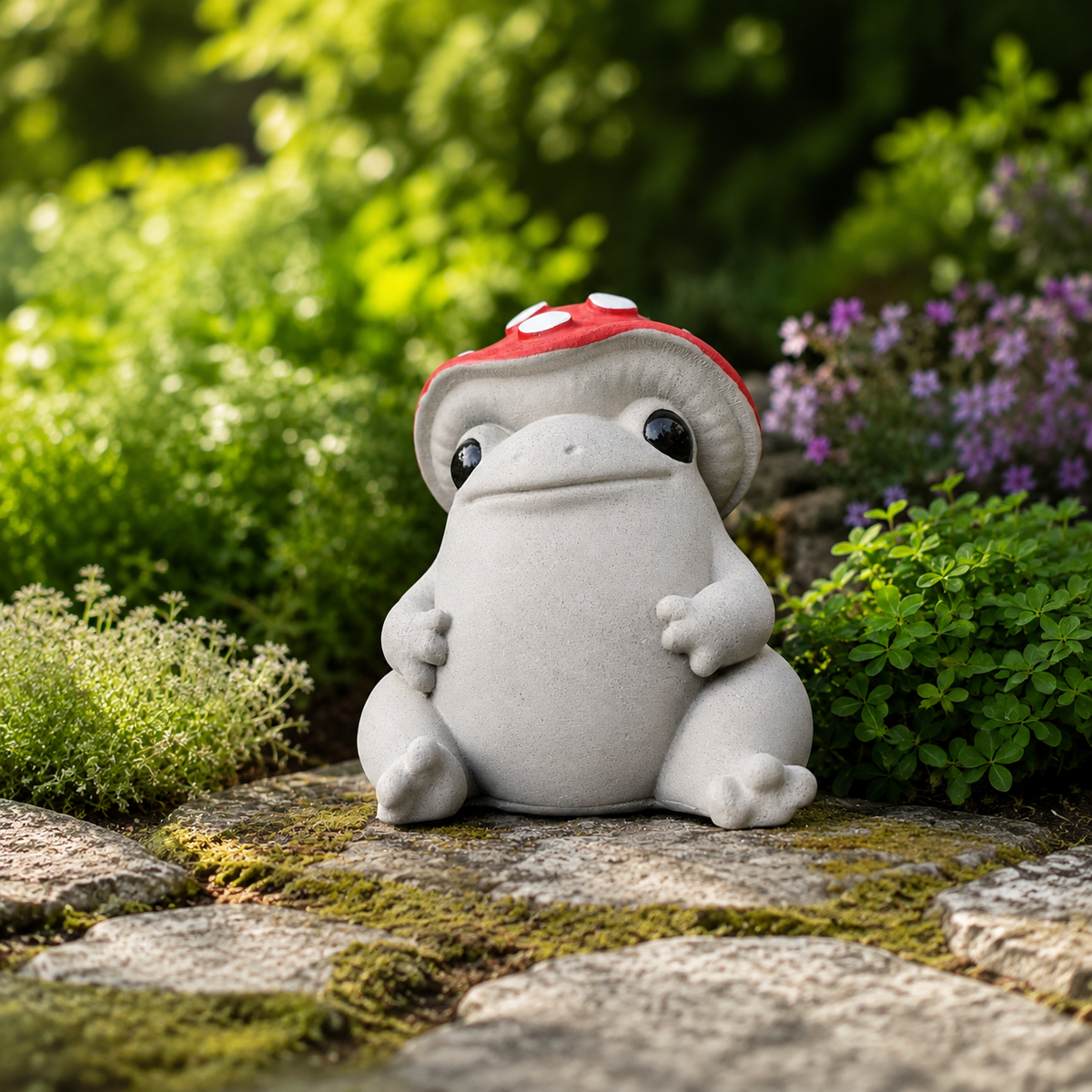Close front detail of Mallowcap cast stone mushroom frog sculpture with smooth belly and red cap