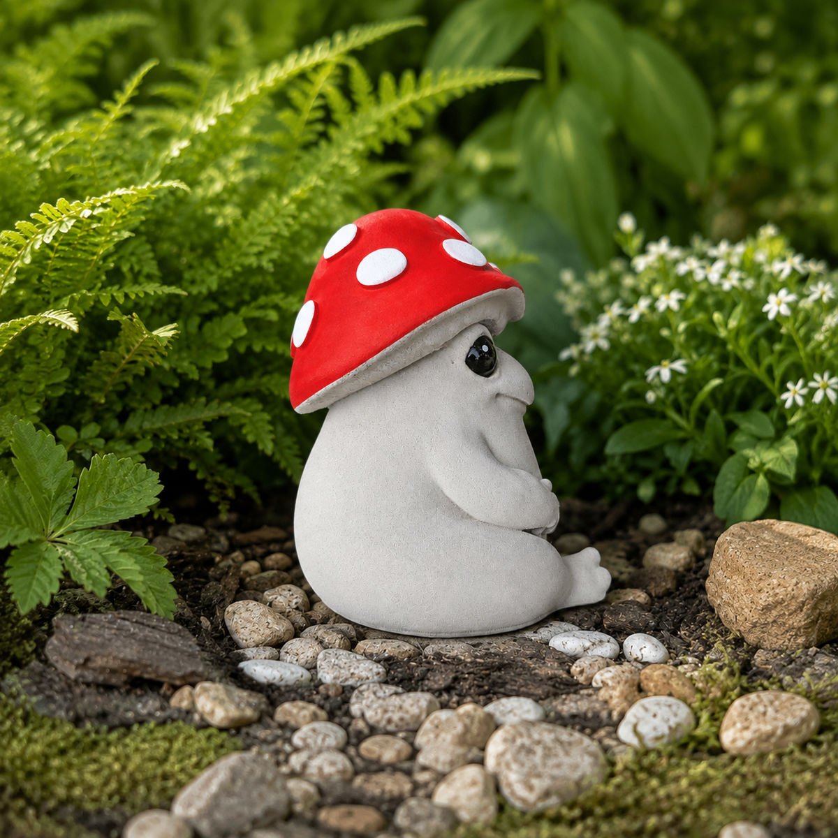 Side view of Mallowcap garden ornament showing red mushroom cap and seated cast stone body