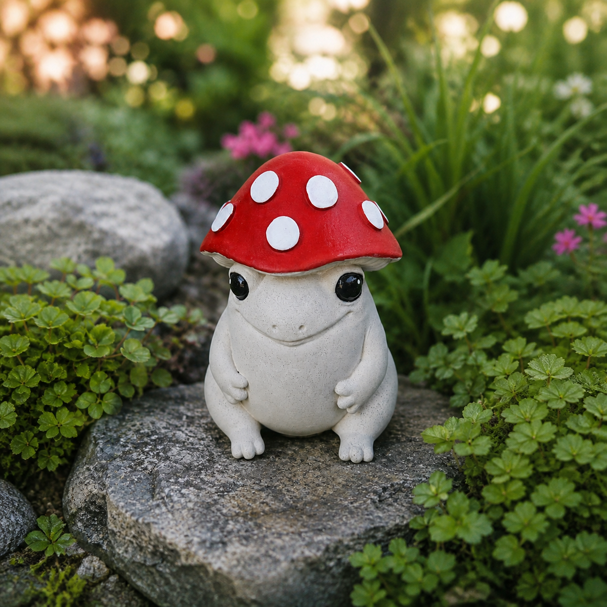 Portrait view of Mallowcap mushroom frog garden ornament with red cap and white spots