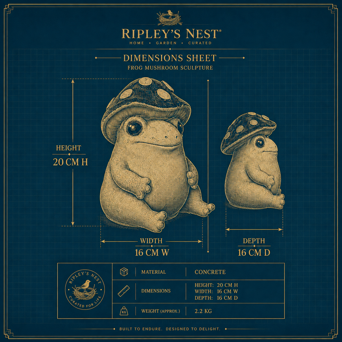 Dimensions sheet for Mallowcap frog mushroom sculpture showing 20 cm high by 16 cm wide by 16 cm deep