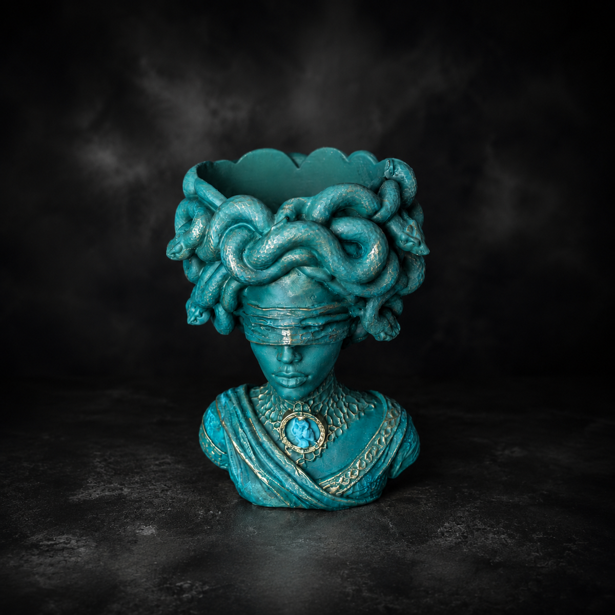 Open top view of Medusa Still Standing plant pot showing planter cavity and snake crown