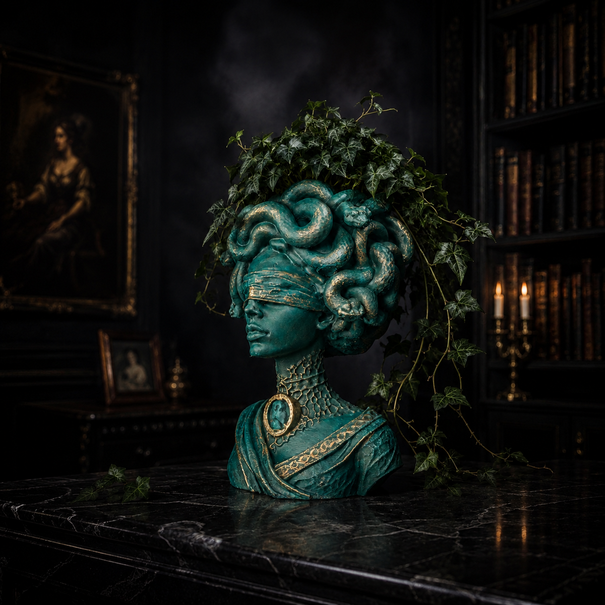 Medusa Still Standing styled indoors as a gothic Medusa head planter with trailing ivy