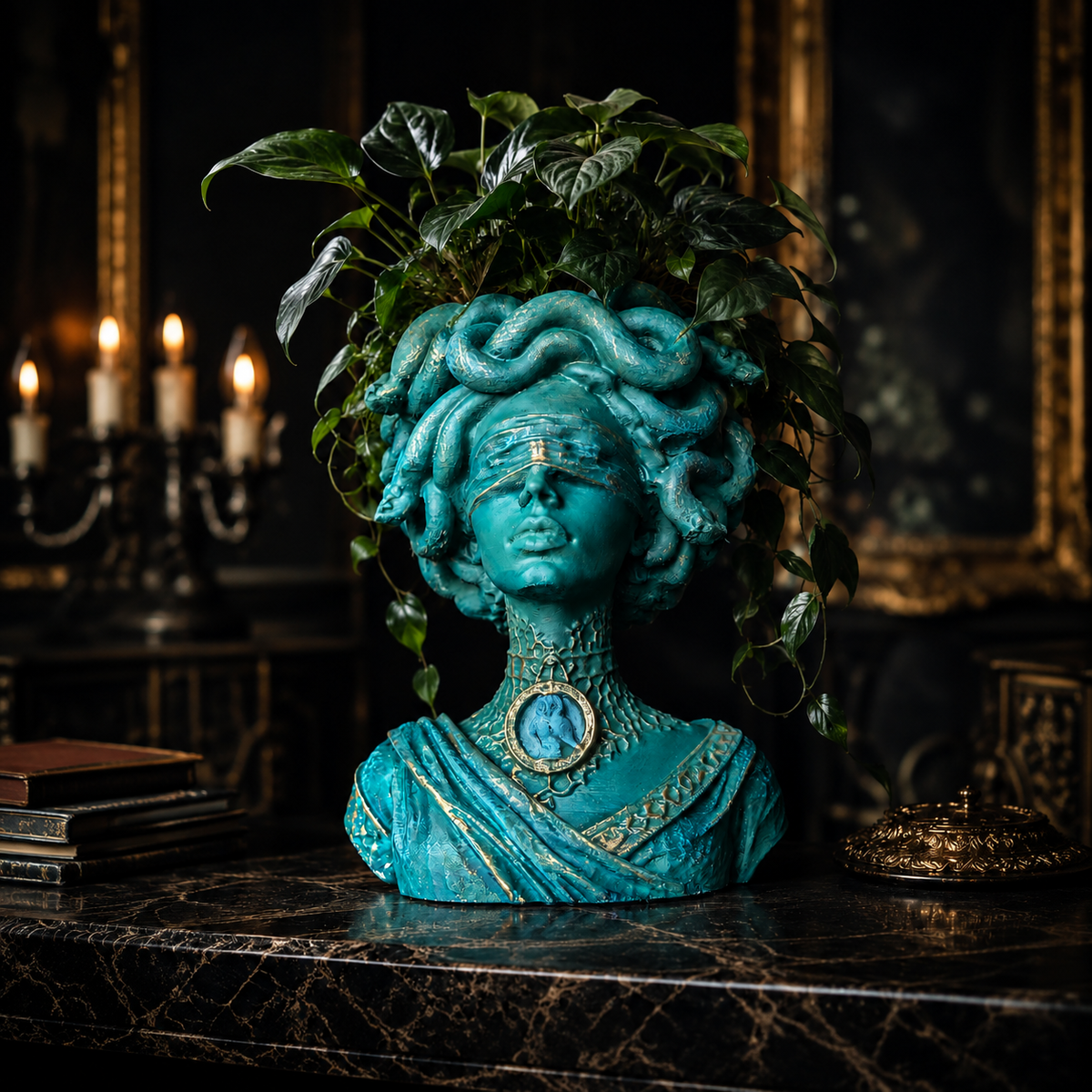Medusa Still Standing teal Medusa bust plant pot in dark gothic room styling