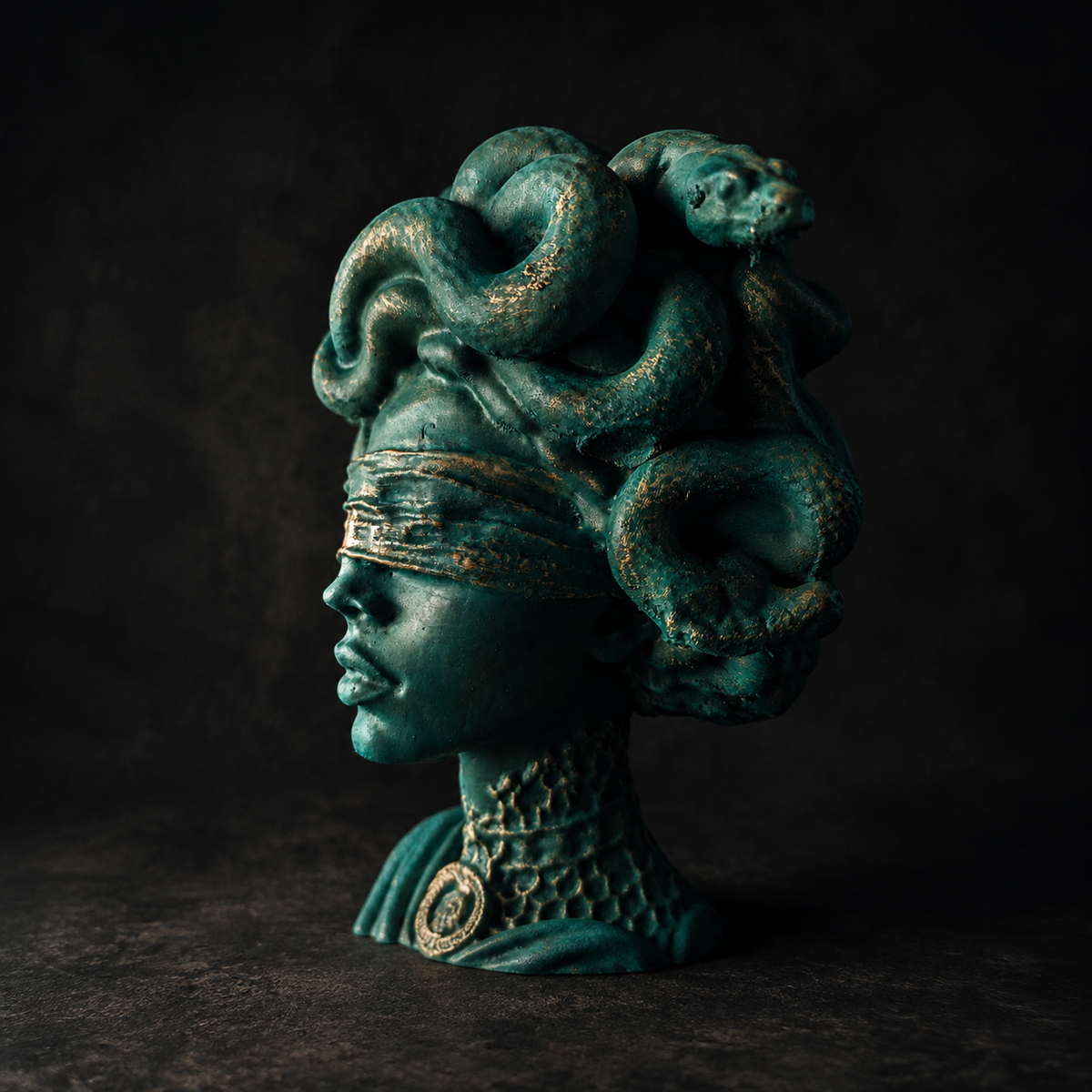Close-up of Medusa Still Standing blindfold and snake detail with antique gold highlights