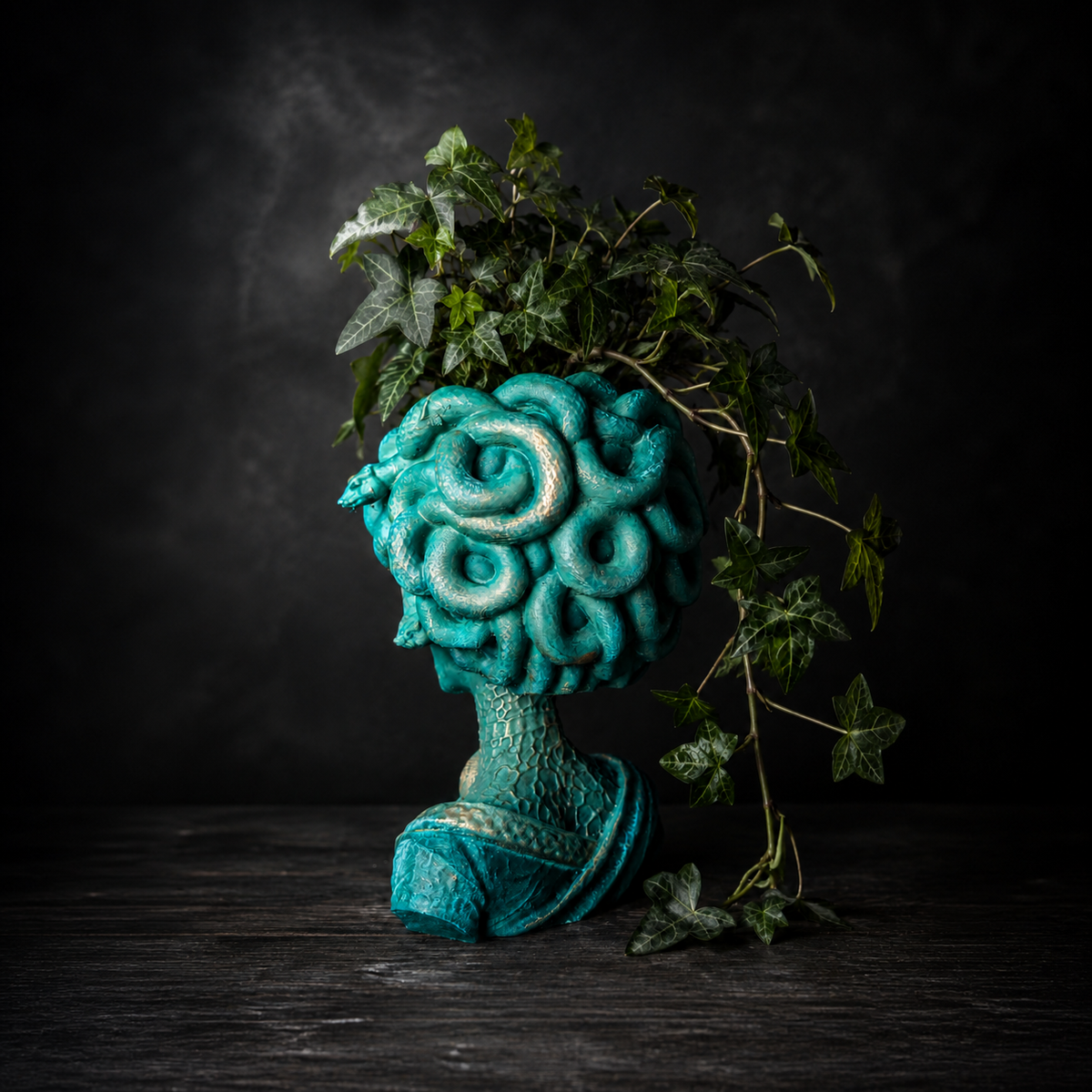 Back view of Medusa Still Standing cast stone planter with sculpted snake hair