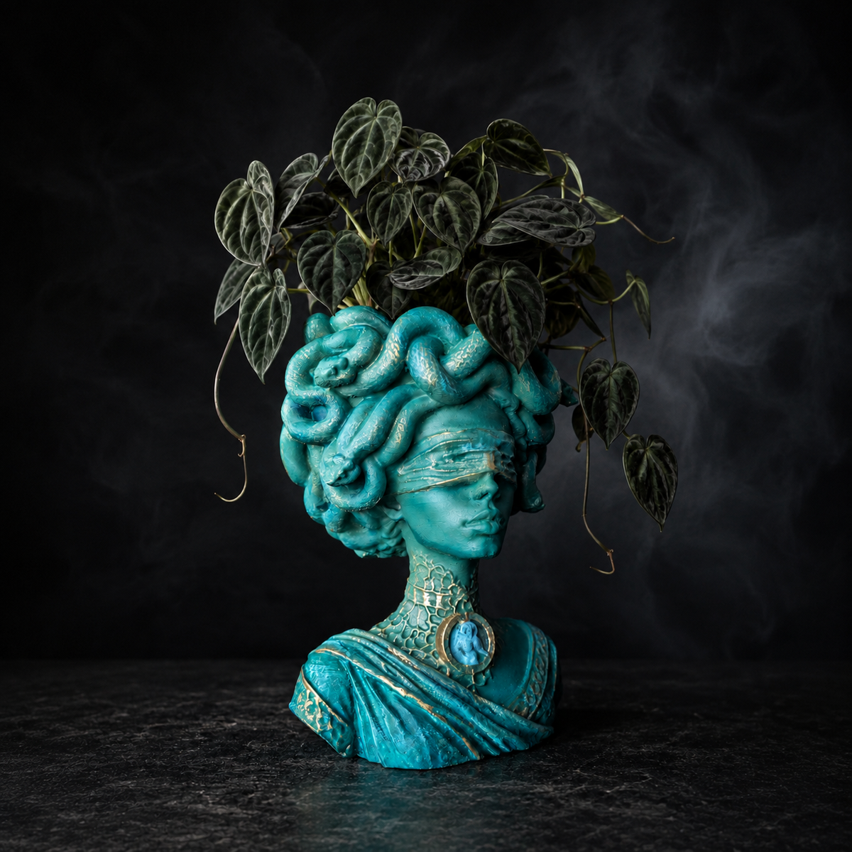 Side view of Medusa Still Standing teal and gold snake head planter with dark foliage