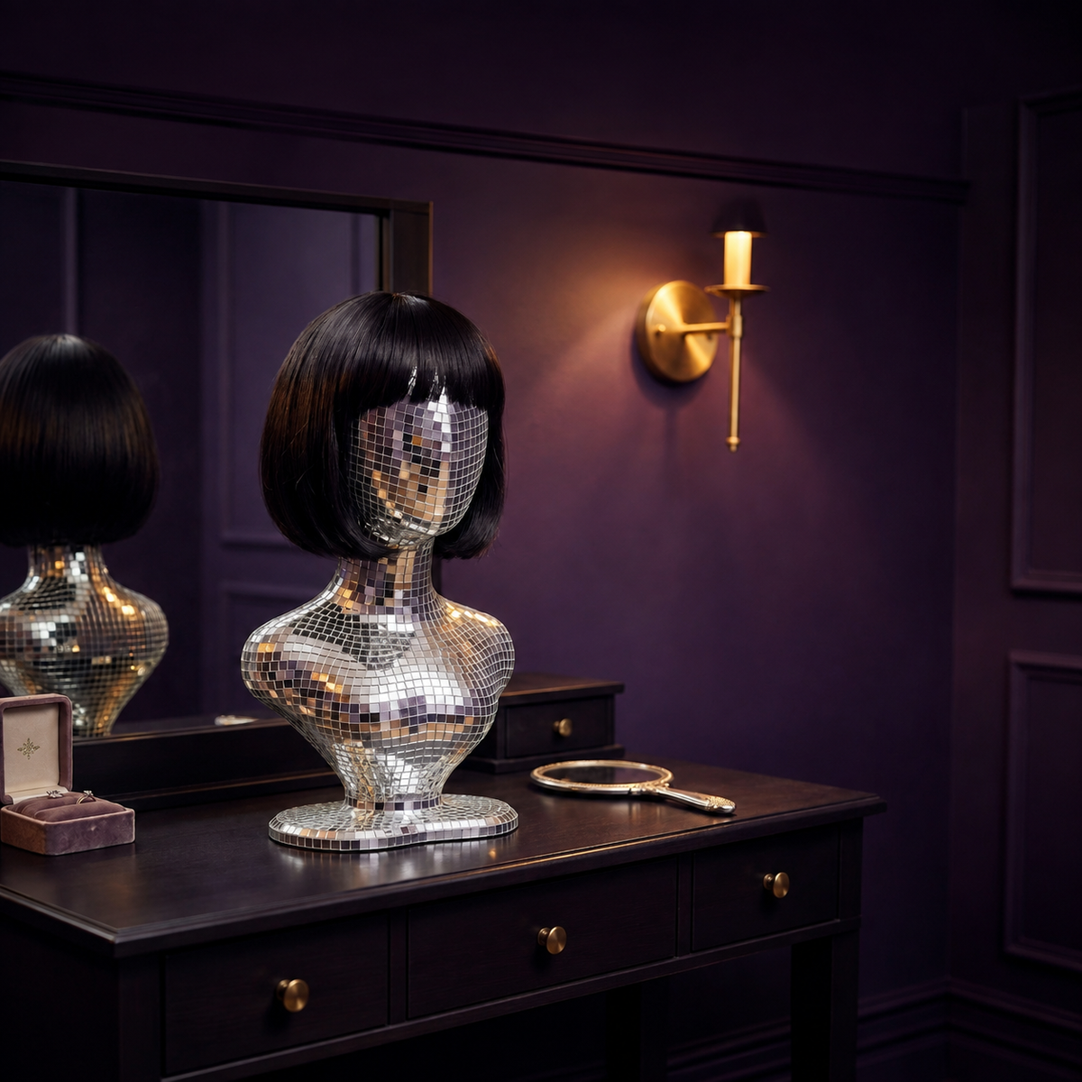 mirror ball mannequin bust with short black bob wig on vanity