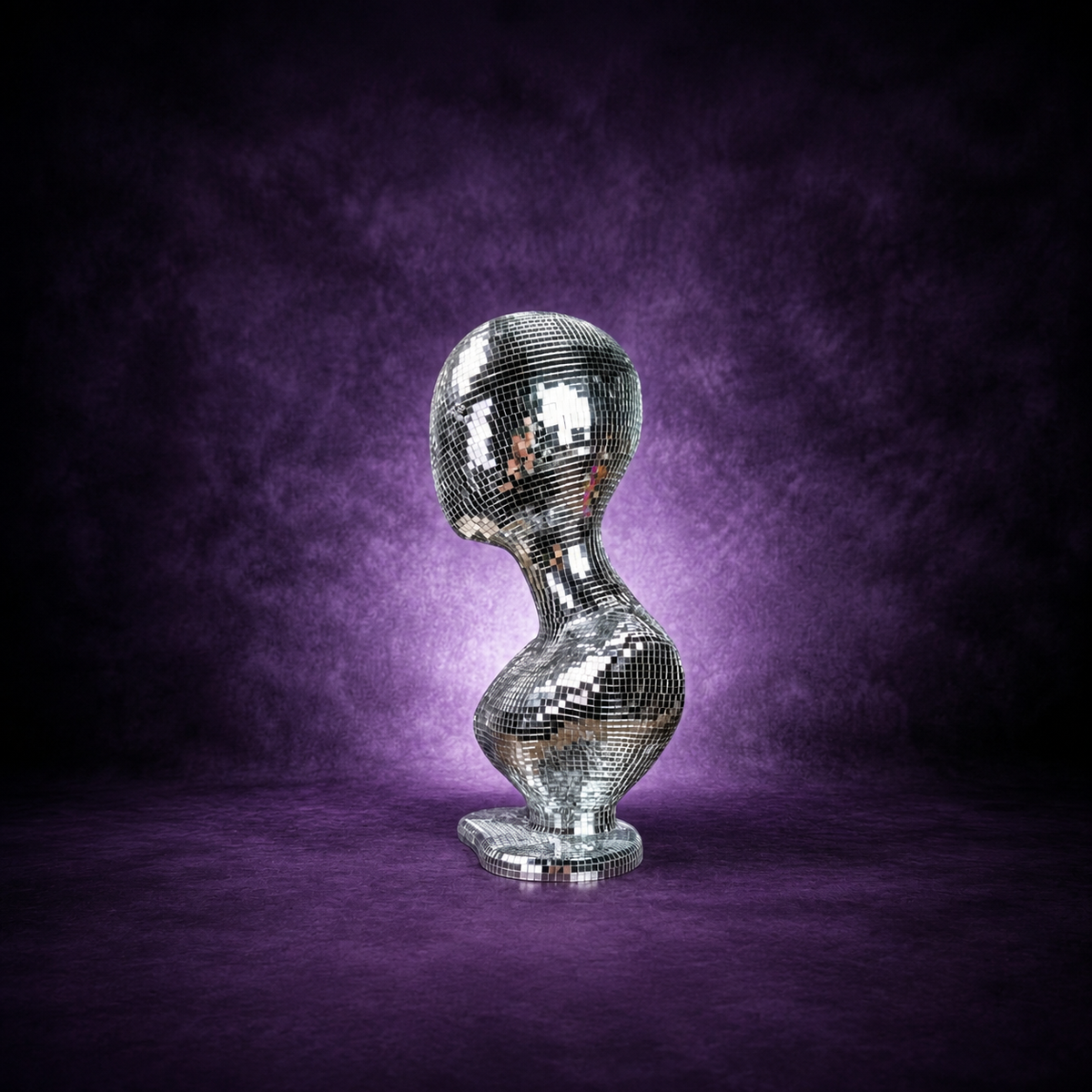 mirror ball mannequin bust side profile on purple studio backdrop