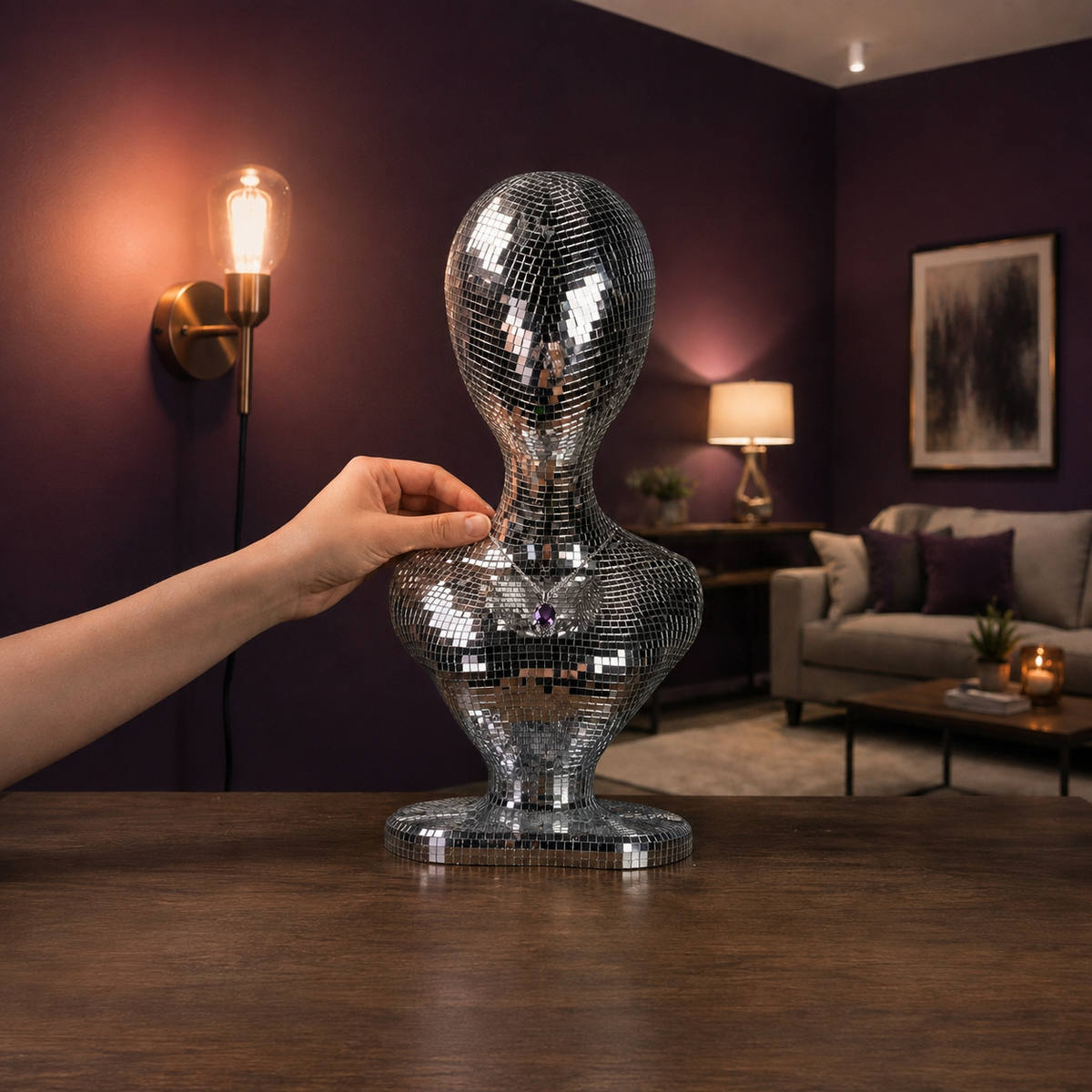 mirror ball mannequin bust shown with hand for scale