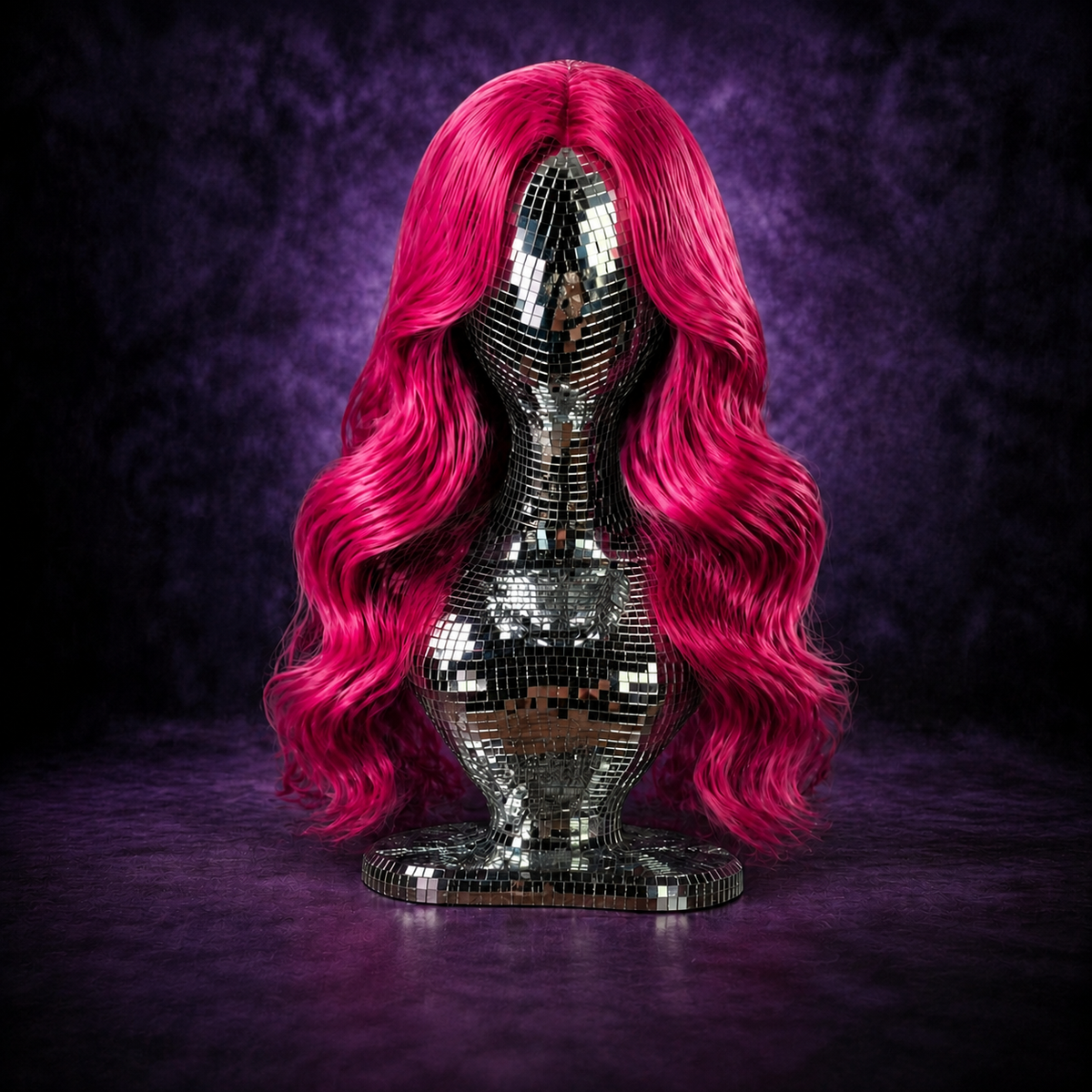 mirror ball mannequin bust with bright pink wig
