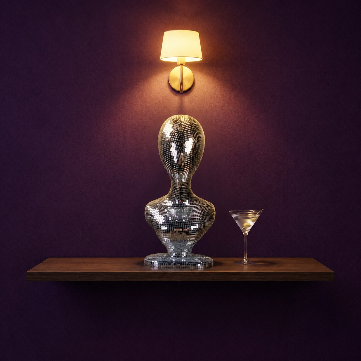mirror ball mannequin bust on boutique shelf with cocktail glass