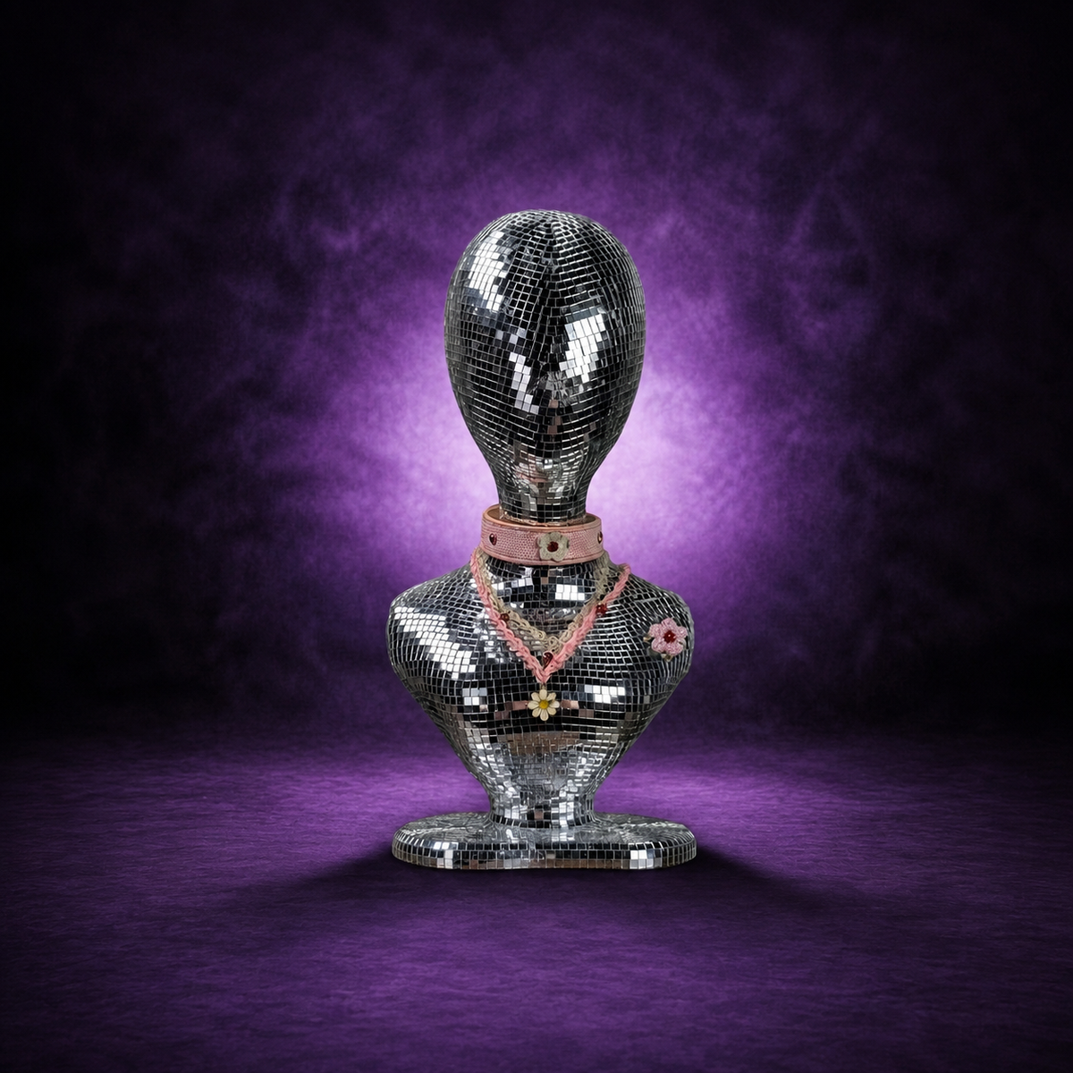 mirror ball mannequin bust with pink jewellery on purple studio backdrop