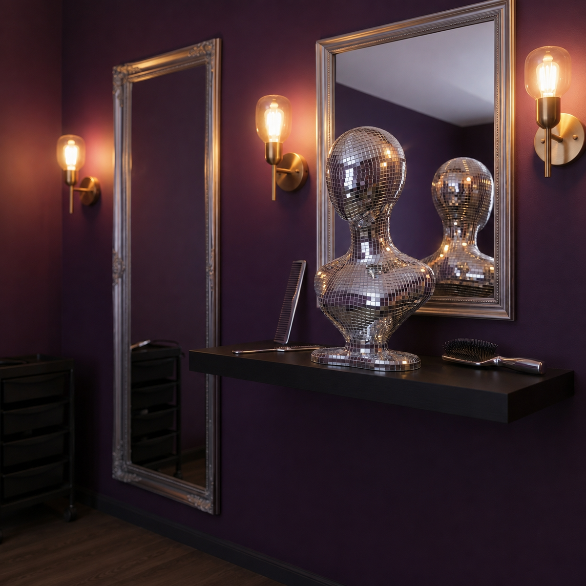 mirror ball mannequin bust in salon-style setting