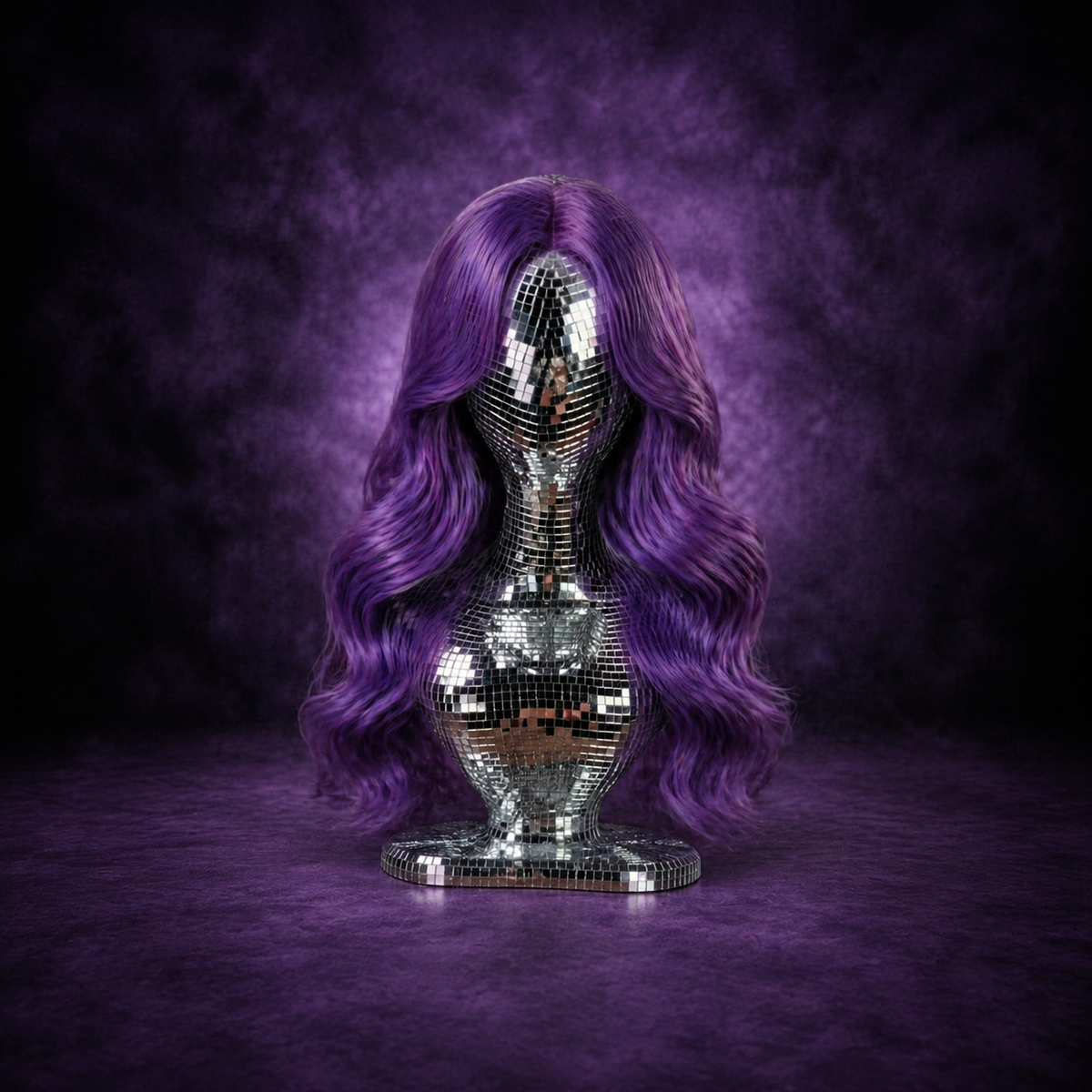 mirror ball mannequin bust with long purple wig