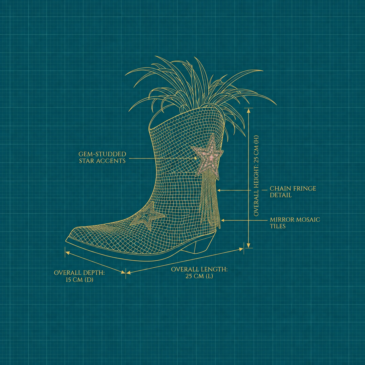 Cowboy boot planter diagram showing 25 cm height, 25 cm length and 15 cm depth