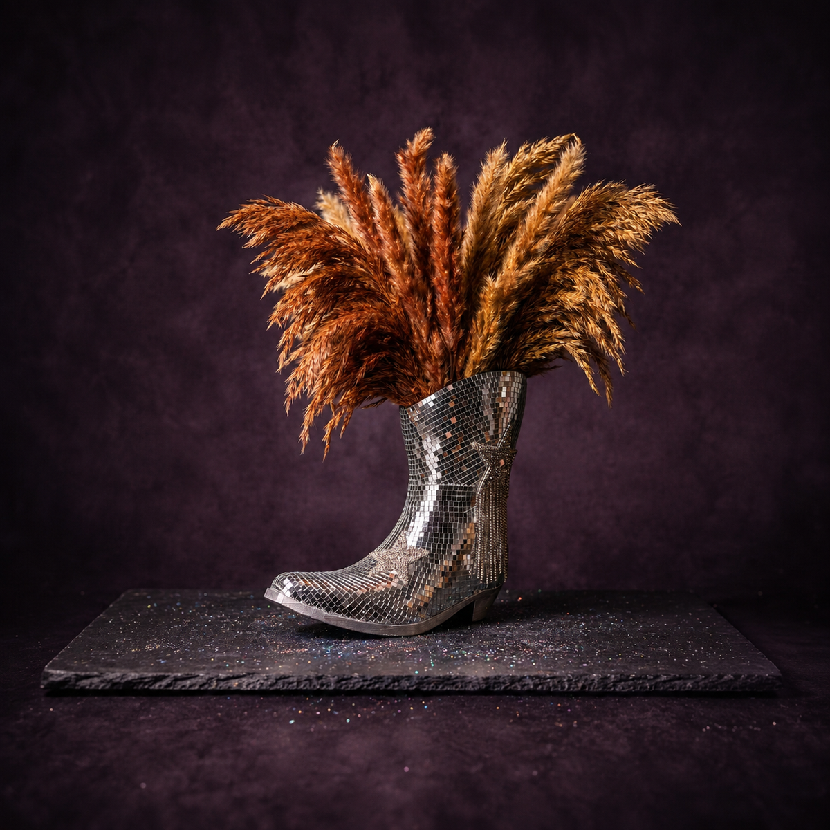 Mirror-tile cowboy boot filled with dried pampas grass on a dark studio floor
