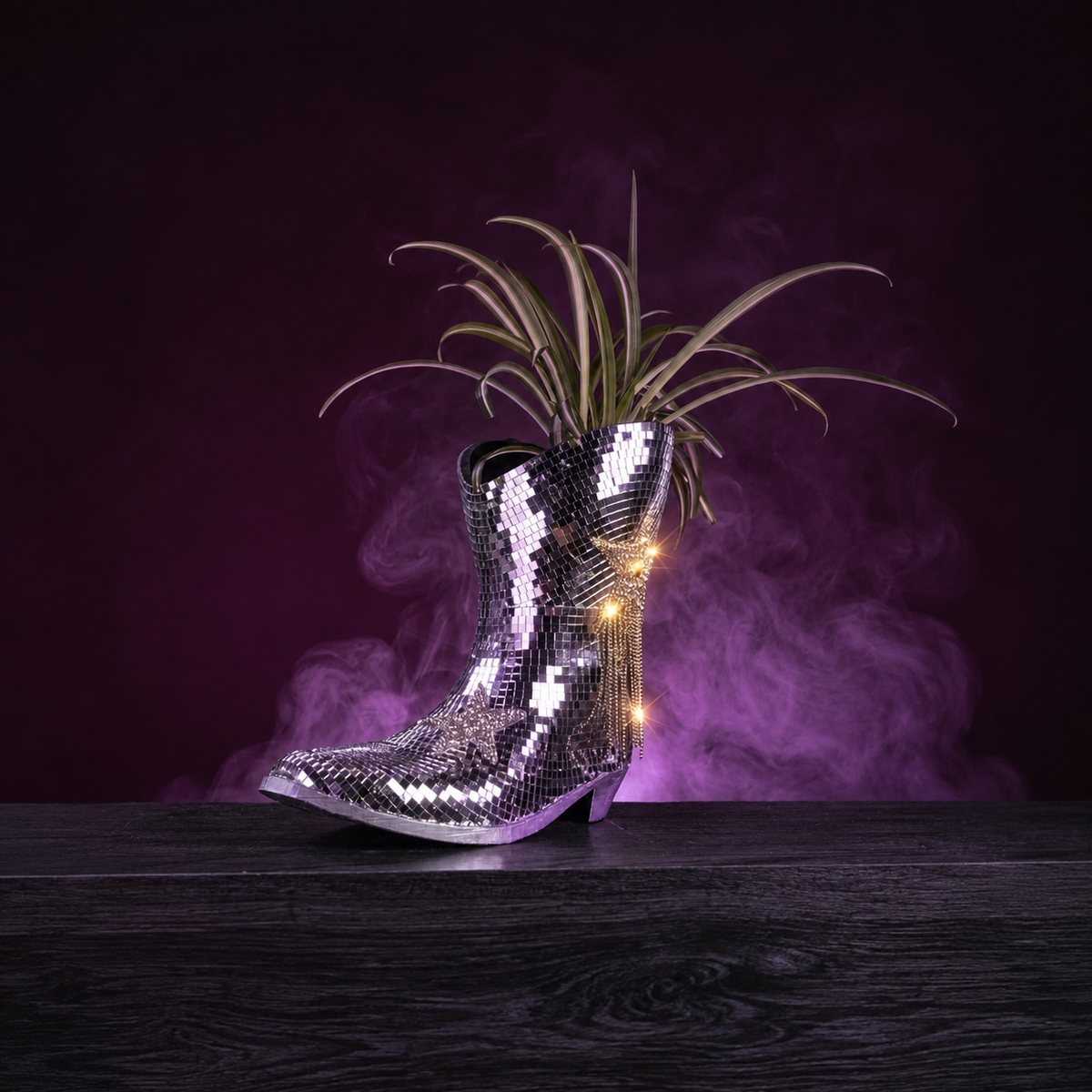 Mirror-tile cowboy boot planter with foliage and light glowing around its rhinestone star