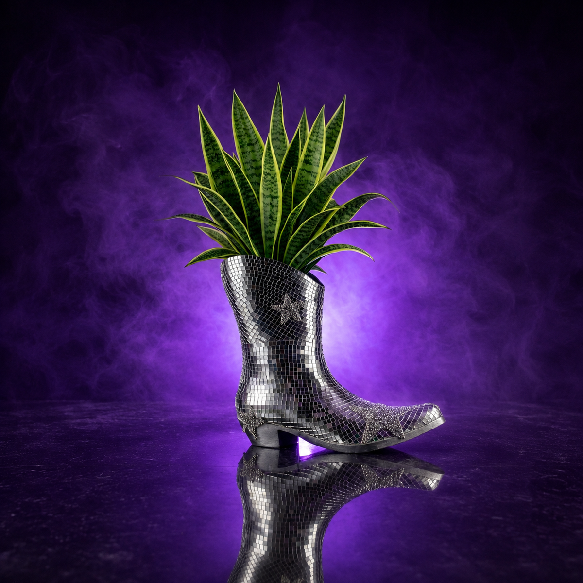 Mirror-tile cowboy boot planter filled with a snake plant on a reflective purple surface