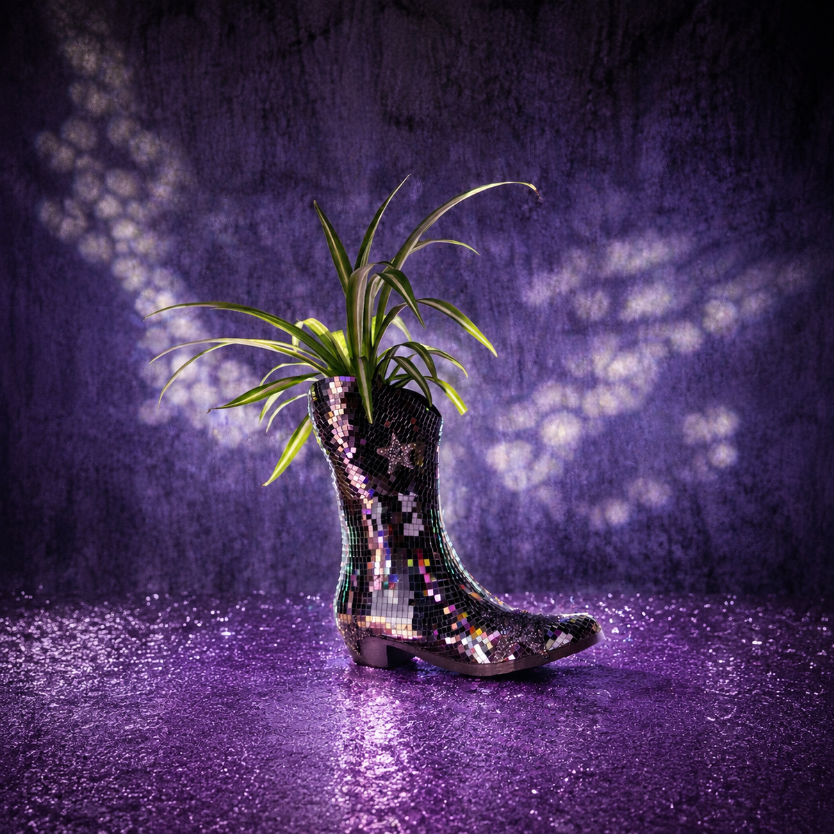 Disco cowboy boot planter with spider plant styled on a purple bride-to-be table