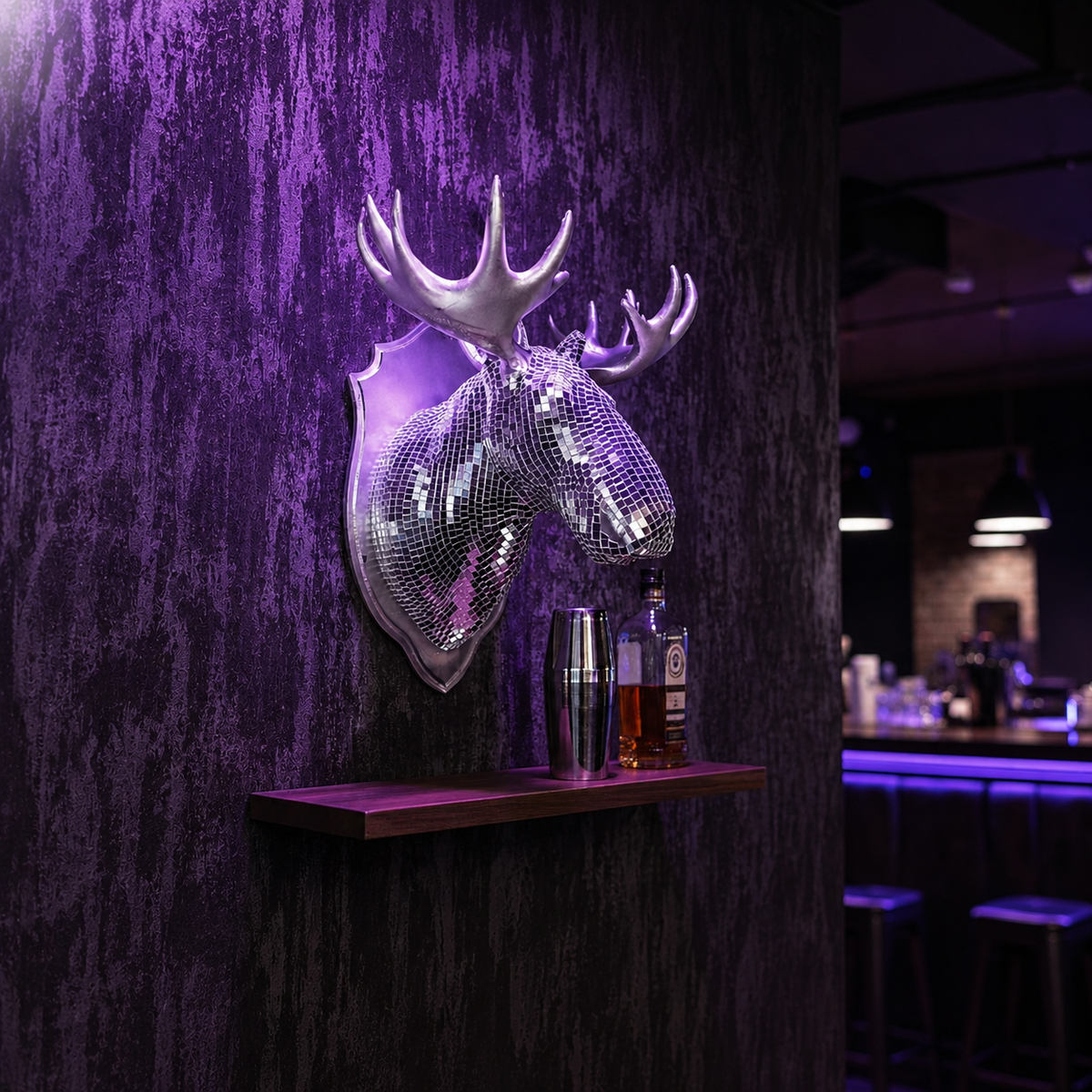 Mirrorball Moose wall sculpture above bar shelf in purple moody room