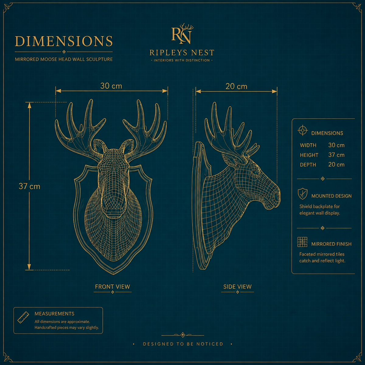 Mirrorball Moose dimensions diagram showing 37 cm high by 30 cm wide by 20 cm deep