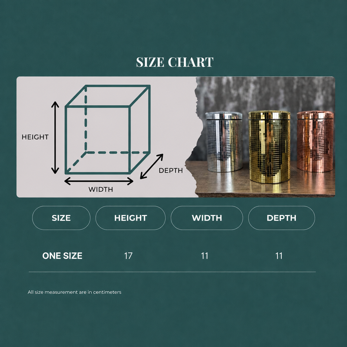 Mirror kitchen canister size chart showing 17 cm high by 11 cm wide and deep