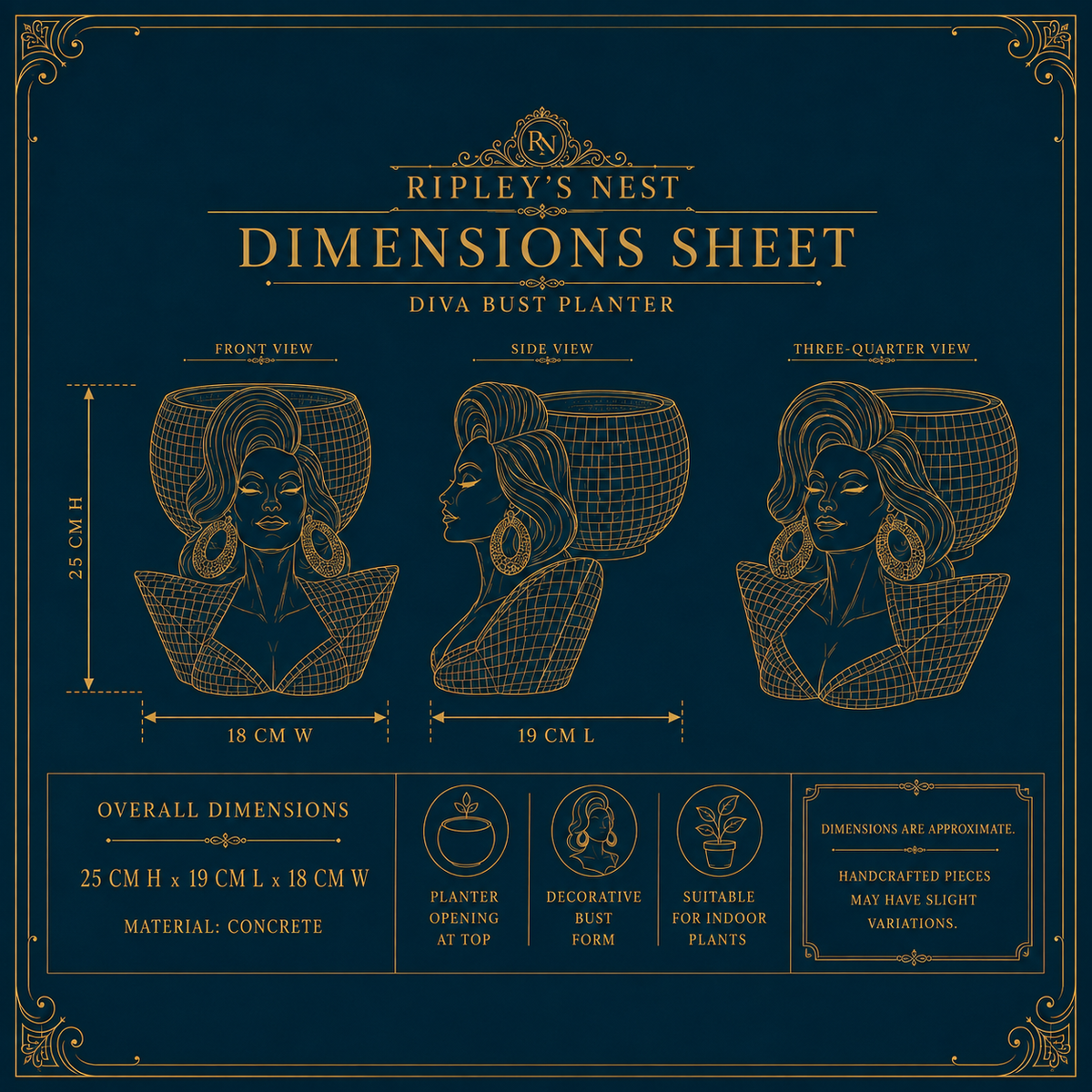 Dimension sheet for Mother Mirrorball showing 25 cm high by 19 cm long by 18 cm deep