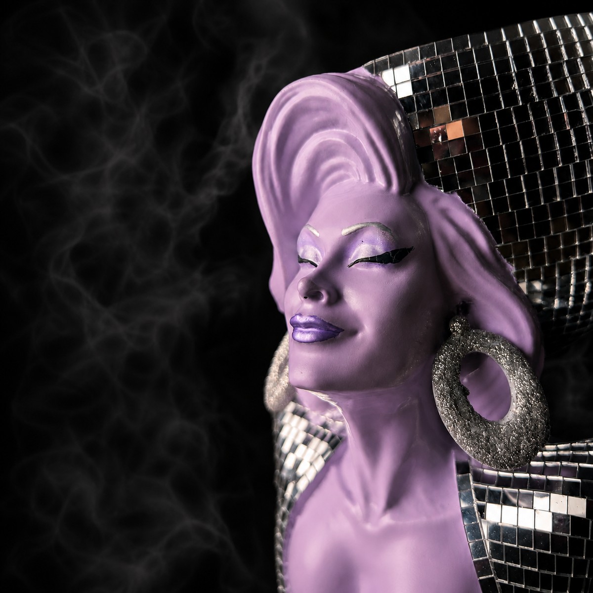 Close detail of Mother Mirrorball face, hair and silver mirrorball finish