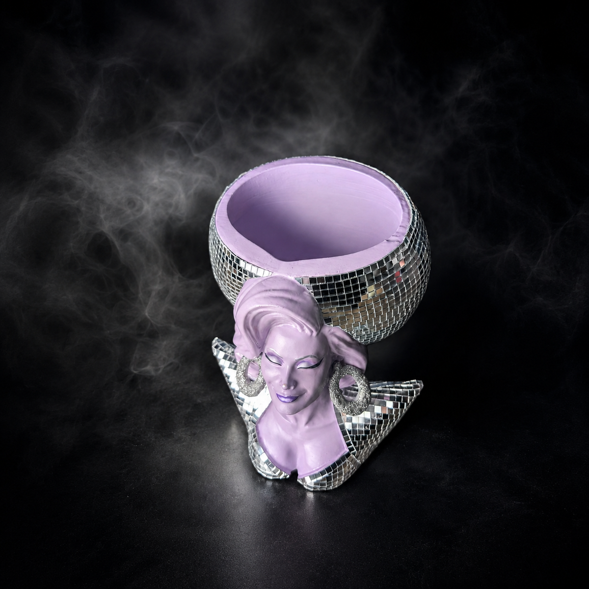 Top view of Mother Mirrorball showing the planter opening and sculpted bust