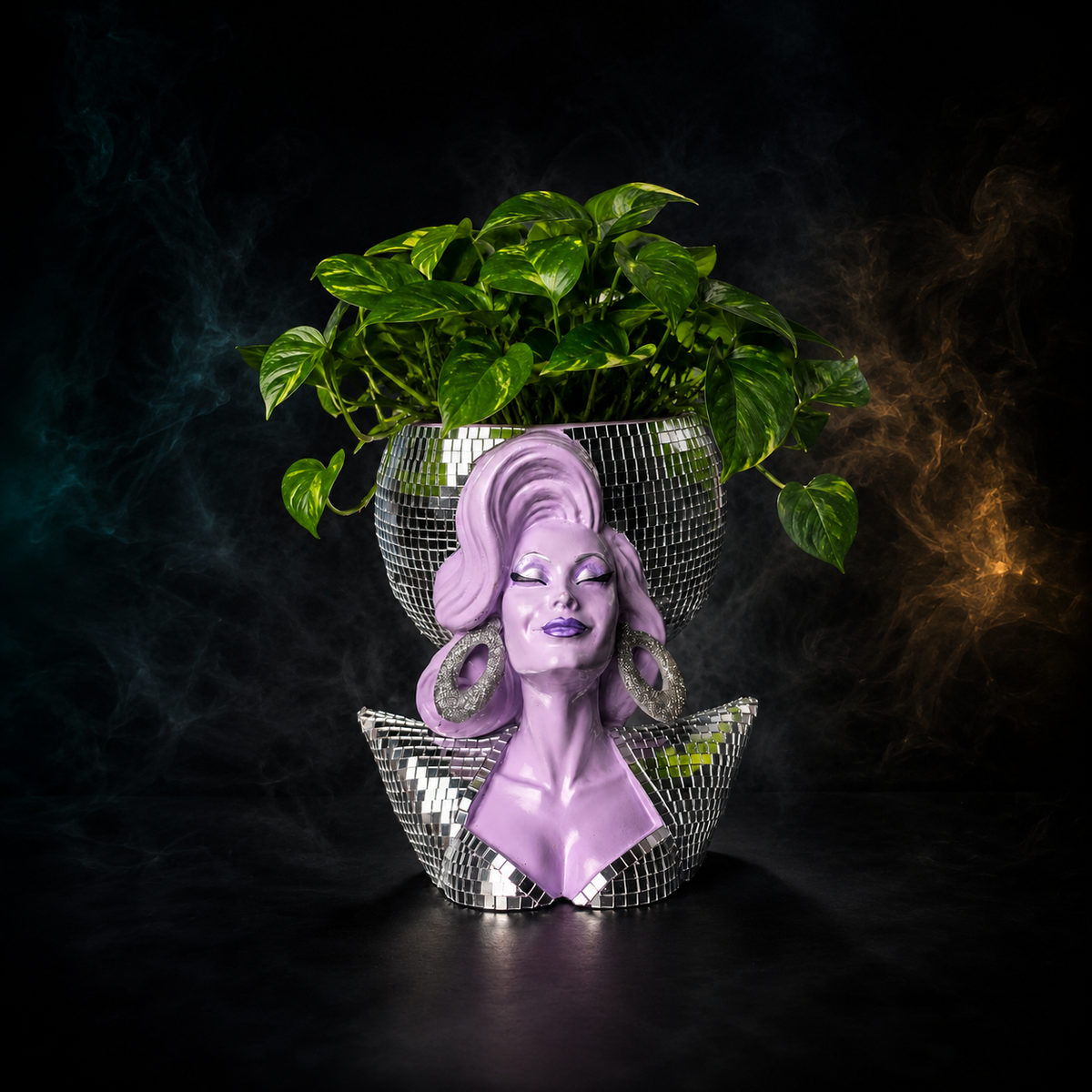 Rear view of Mother Mirrorball showing the round mirrorball planter bowl