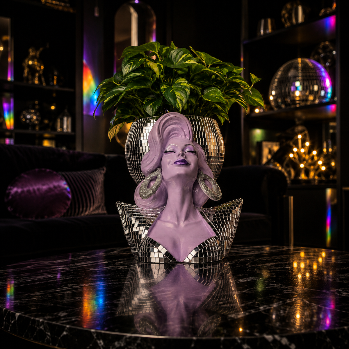 Mother Mirrorball drag queen planter styled in a moody room setting